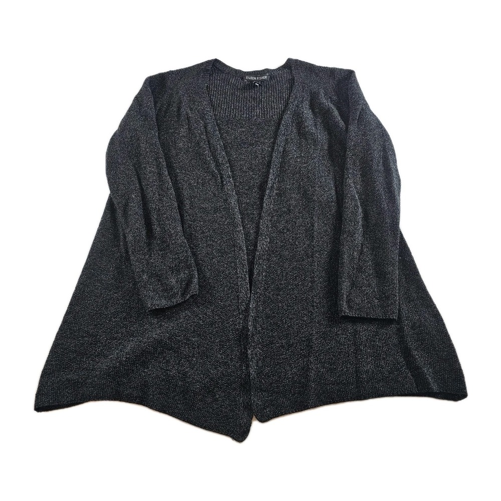 Eileen Fisher Black Merino Wool Blend Cardigan Sweater Open Front Size XS EUC